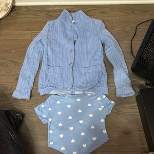One blue heart crop top, one blue long sleeve button jacket